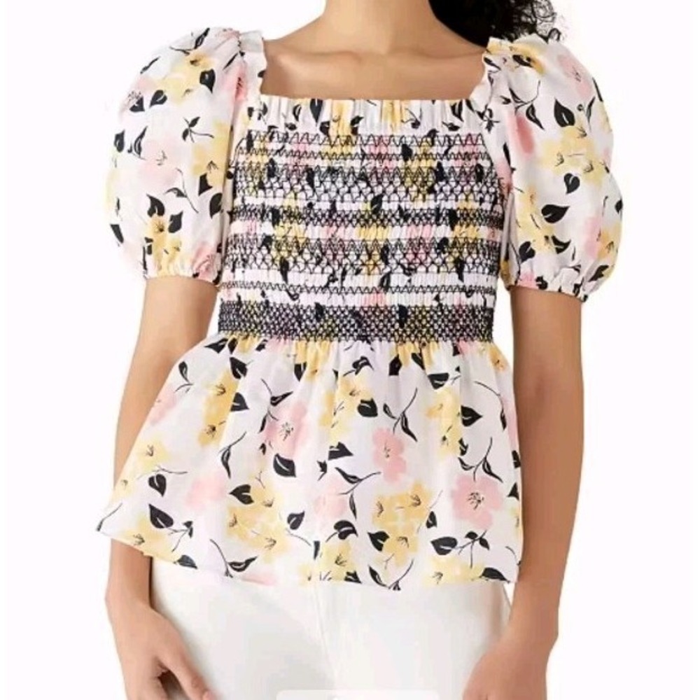 Kate Spade Lily Blooms Smocked Top Size Medium Puff Sleeve Floral Cotton‎